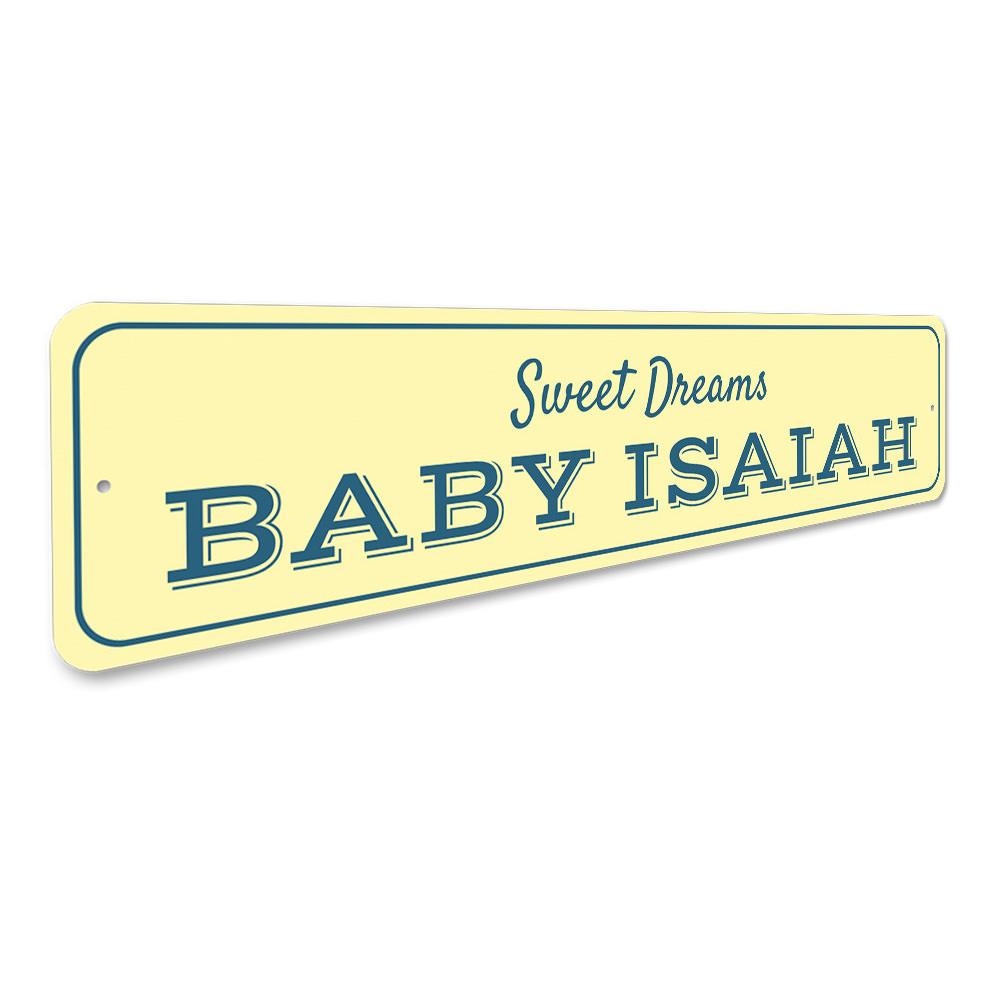A personalized Sweet Dreams Baby Sign made of durable aluminum, featuring whimsical designs perfect for a child's room.