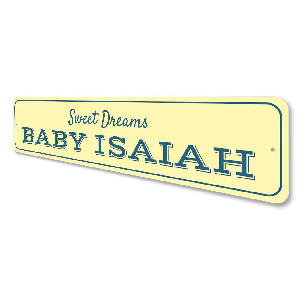 A personalized Sweet Dreams Baby Sign made of durable aluminum, featuring whimsical designs perfect for a child's room.