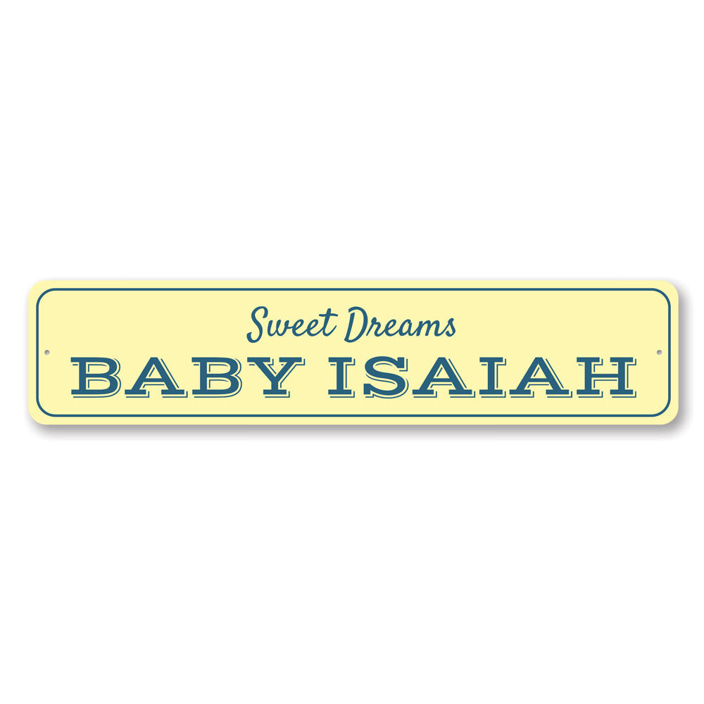 A personalized Sweet Dreams Baby Sign made of durable aluminum, featuring whimsical designs perfect for a child's room.