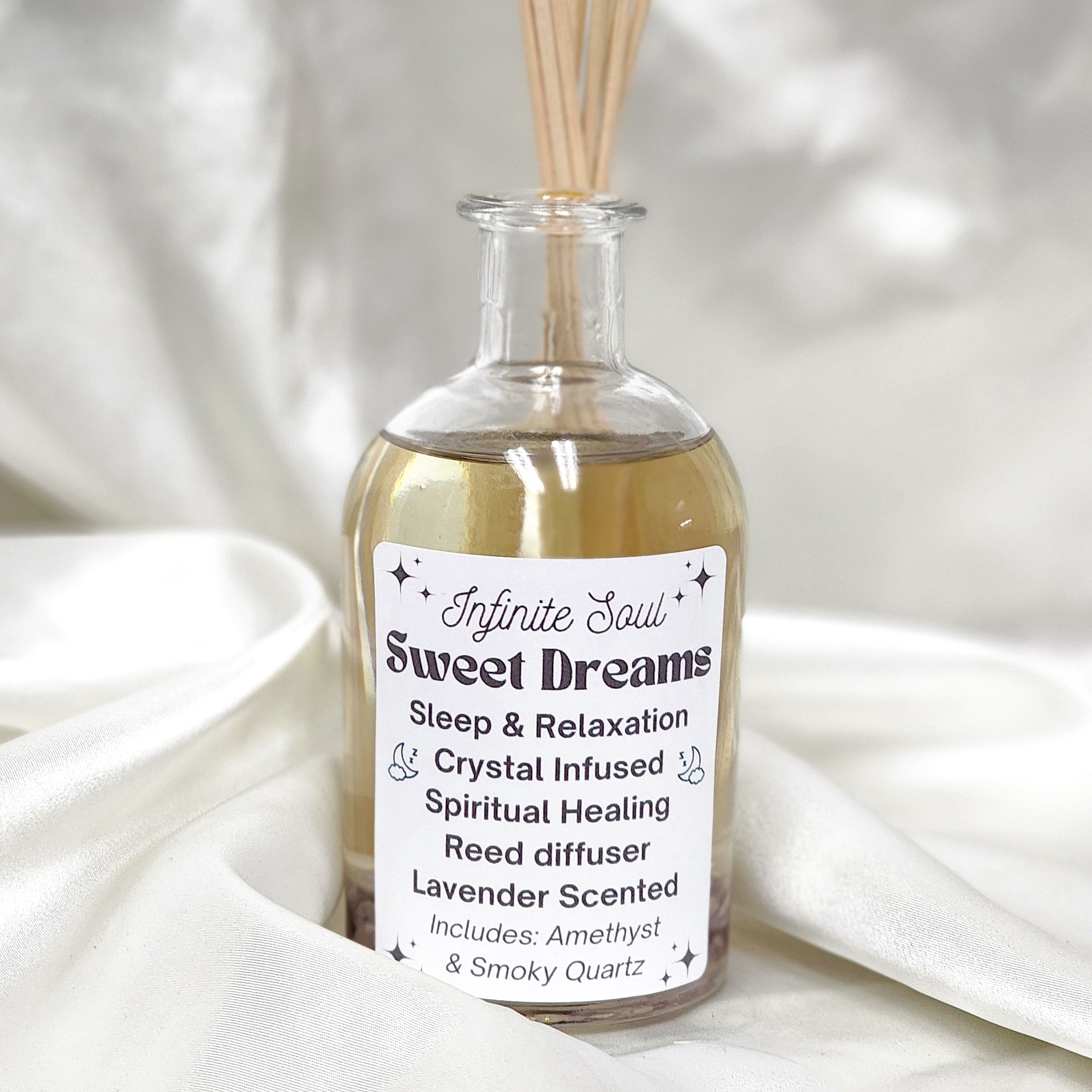 Sweet Dreams Crystal Infused Reed Diffuser with Amethyst and Smoky Quartz, elegantly designed for relaxation and stress relief.