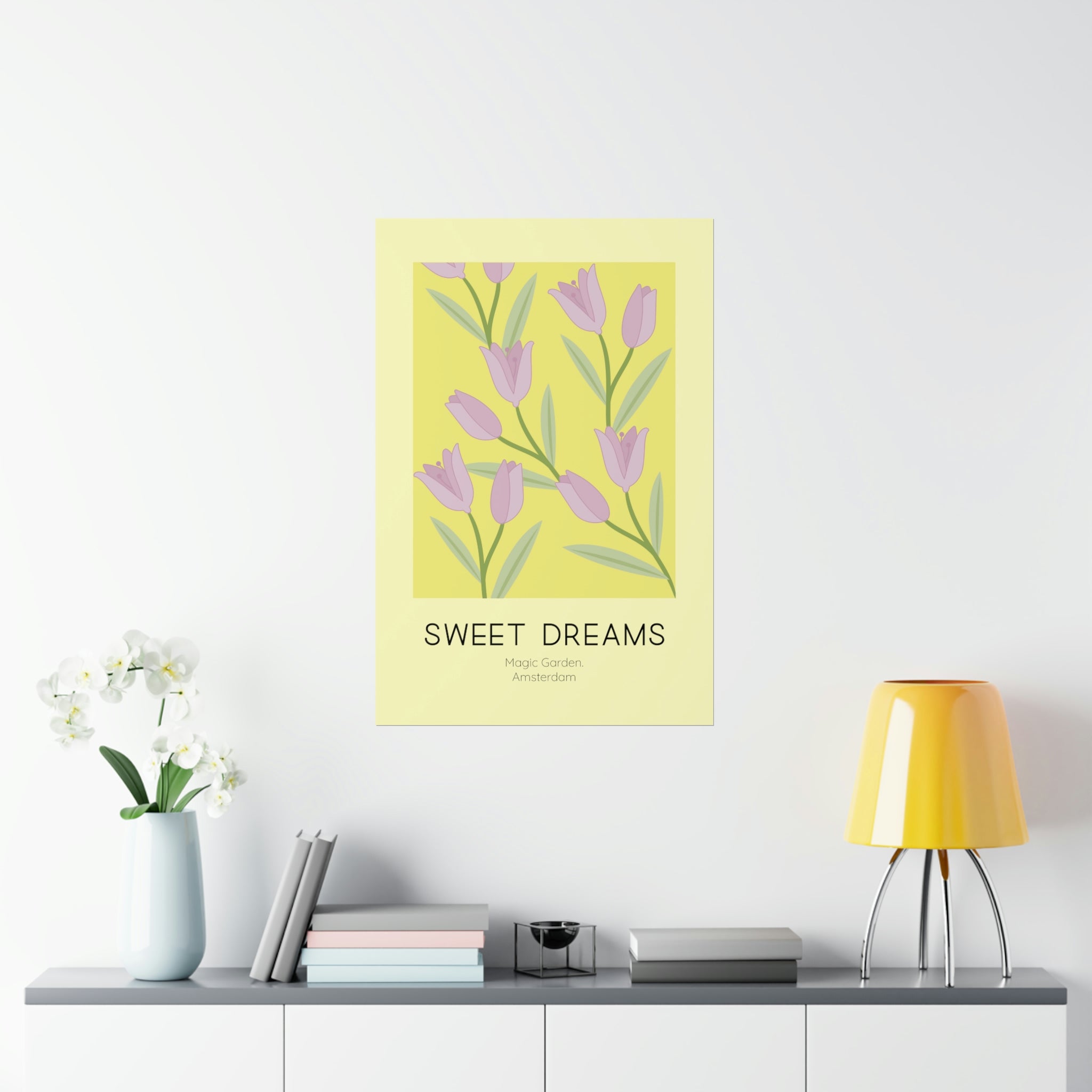 Sweet Dreams Tulip Poster featuring vibrant tulips on premium matte paper, ideal for home decor.