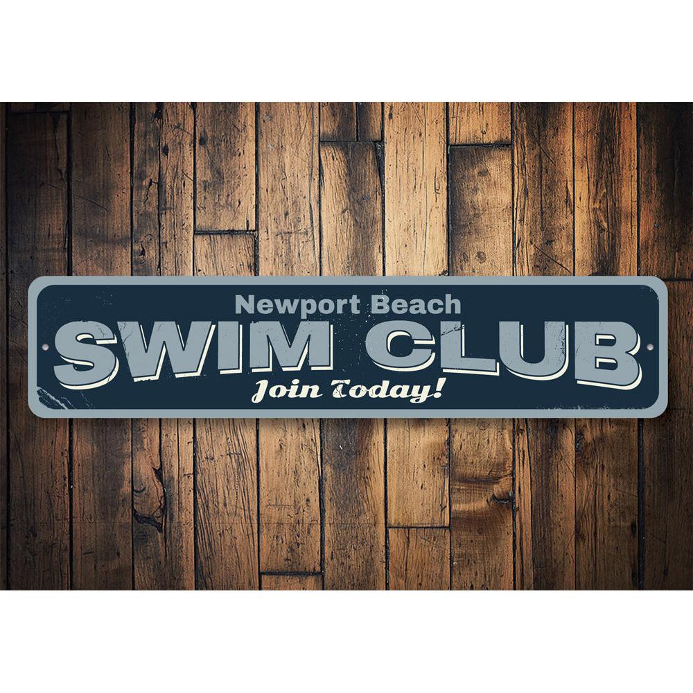 Customizable Swim Club Sign made of durable aluminum, featuring beach-themed design, perfect for coastal decor.