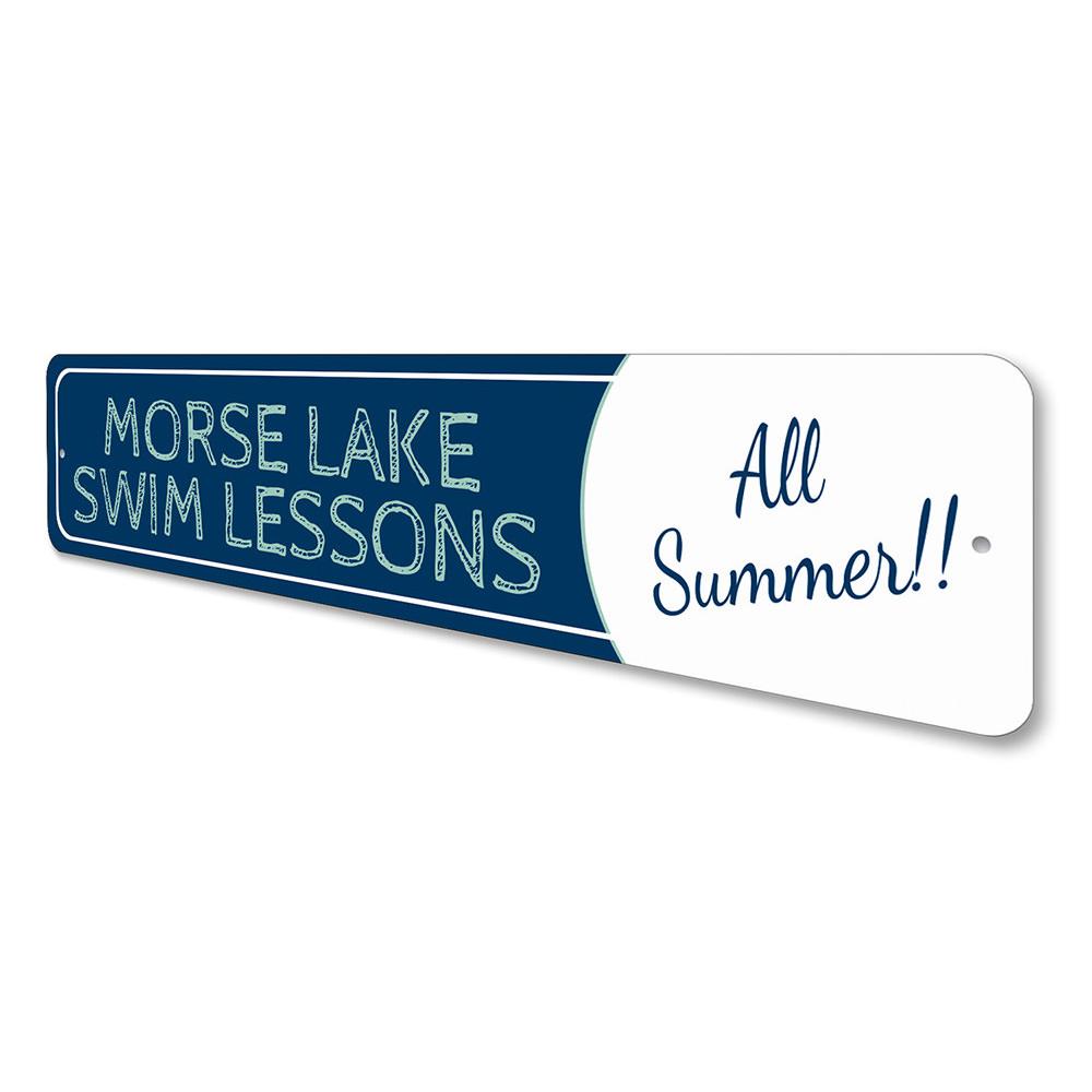 Customizable Swim Lessons Sign made of durable aluminum, perfect for lakehouses and outdoor decor.