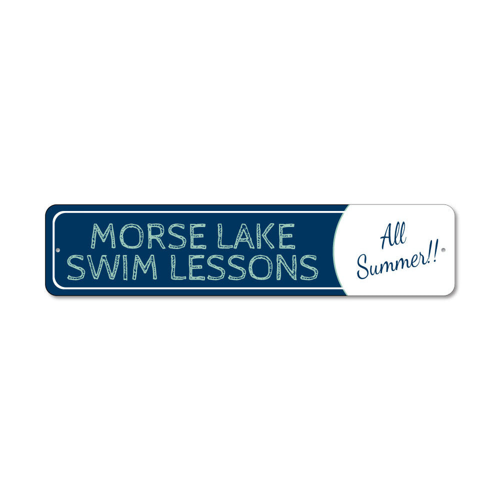 Customizable Swim Lessons Sign made of durable aluminum, perfect for lakehouses and outdoor decor.