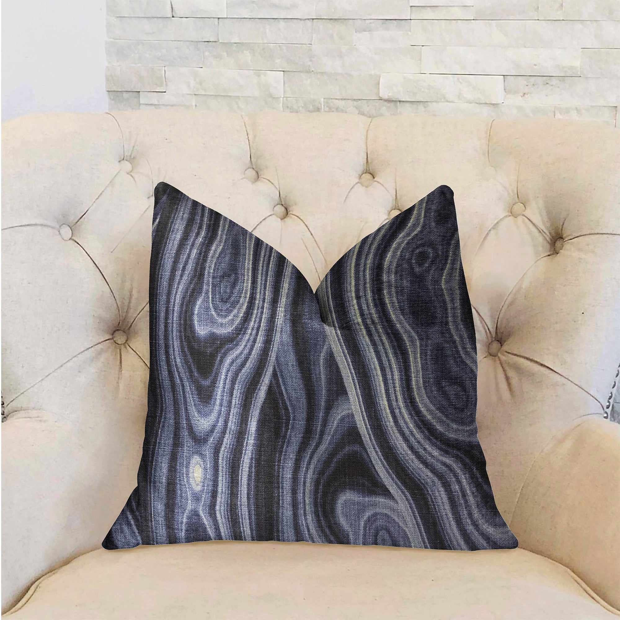 Swiss Marble Blue Luxury Throw Pillow featuring a geode pattern in blue, handmade in the USA with a luxurious cotton fabric.