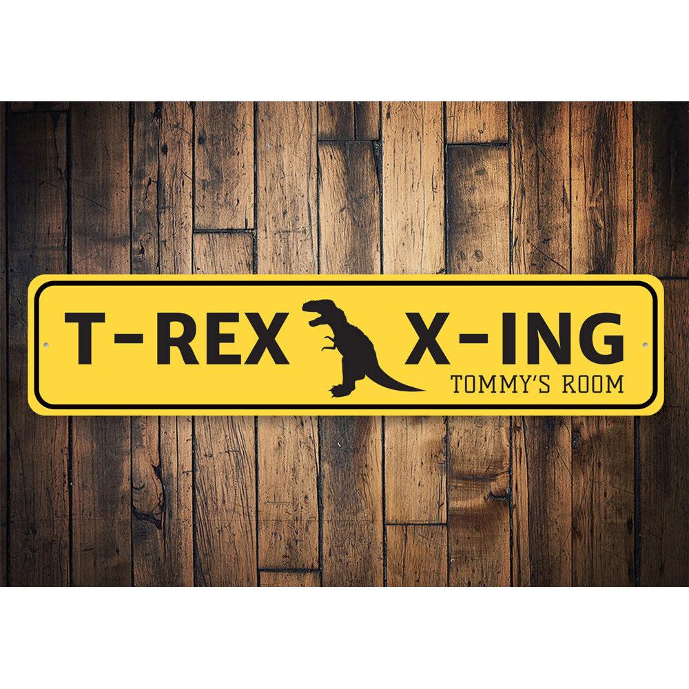 A colorful T Rex Crossing Sign featuring a playful dinosaur design, perfect for children's room decor.