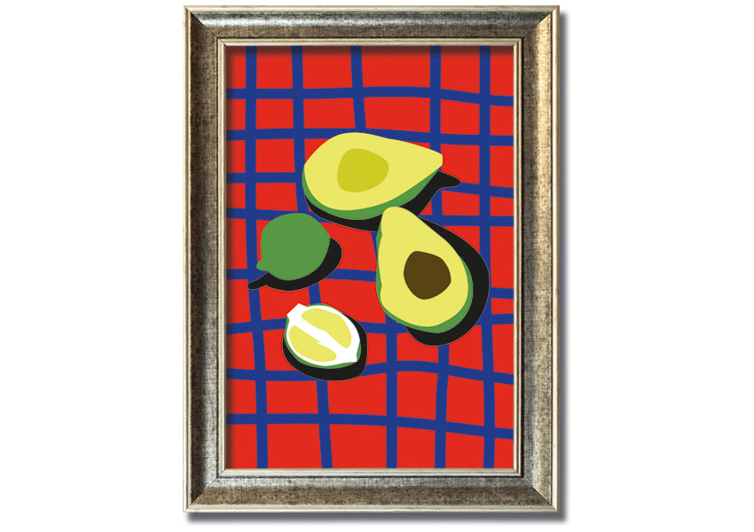 Handmade avocado design table cloth, framed and ready to hang, showcasing vibrant colors and quality craftsmanship.