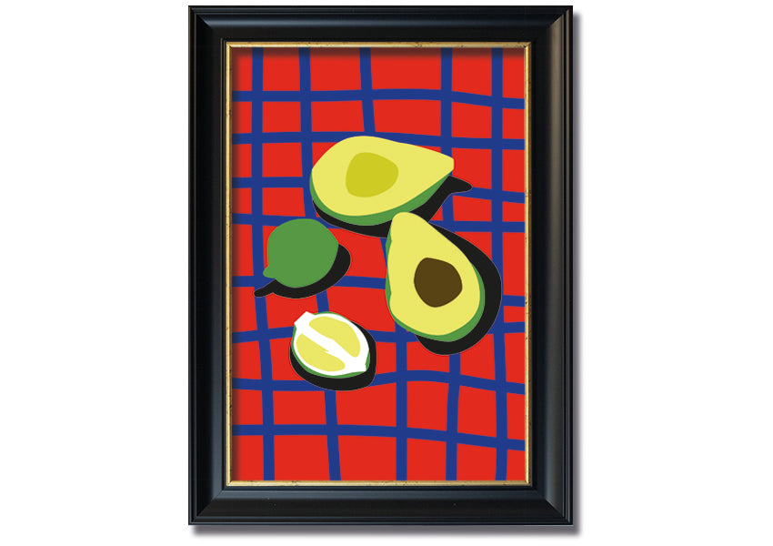 Handmade avocado design table cloth, framed and ready to hang, showcasing vibrant colors and quality craftsmanship.