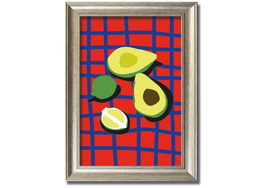 Handmade avocado design table cloth, framed and ready to hang, showcasing vibrant colors and quality craftsmanship.