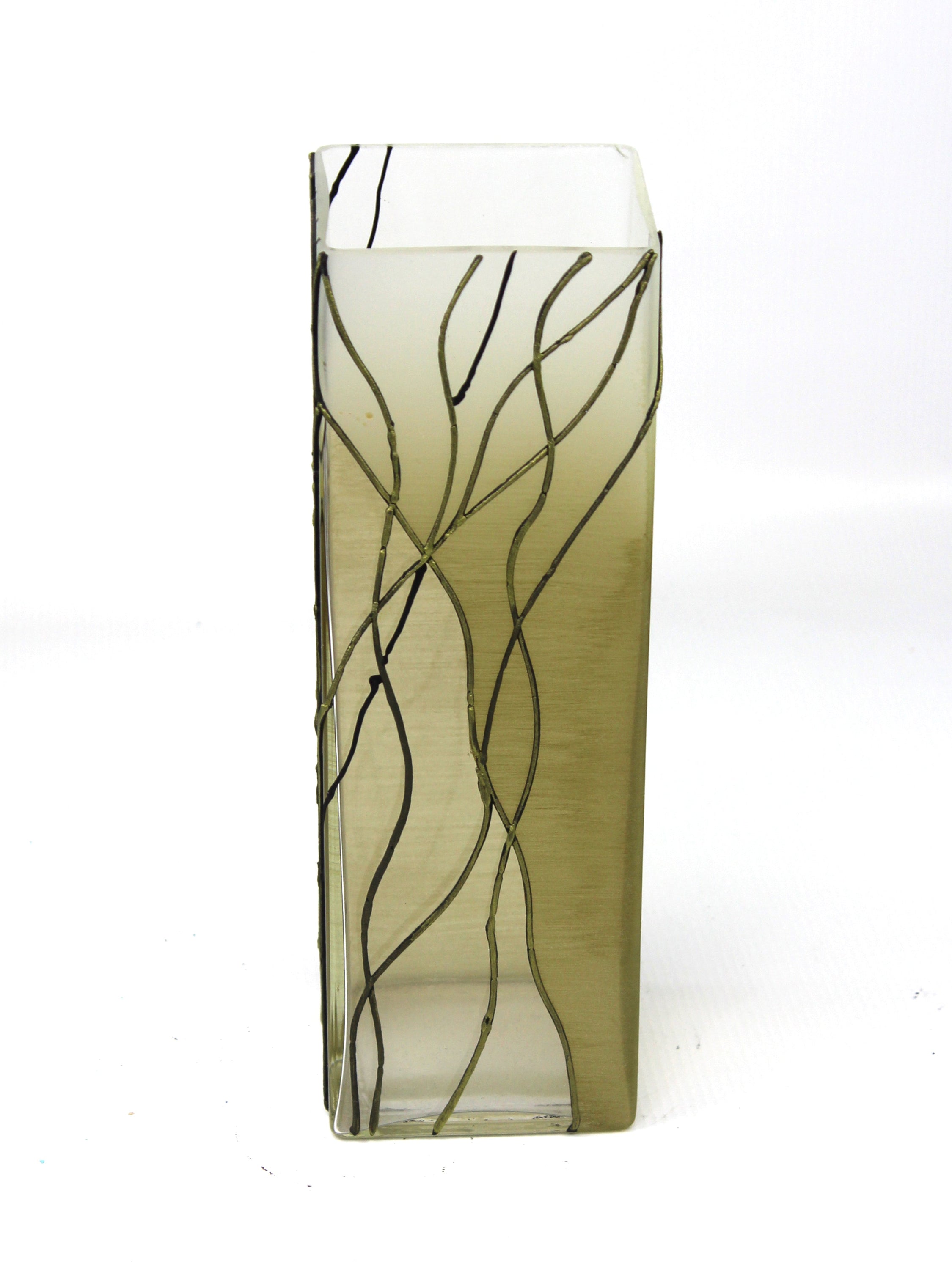 A beautifully hand-painted green decorative glass vase with unique artistic designs, showcasing its elegant shape and vibrant colors.