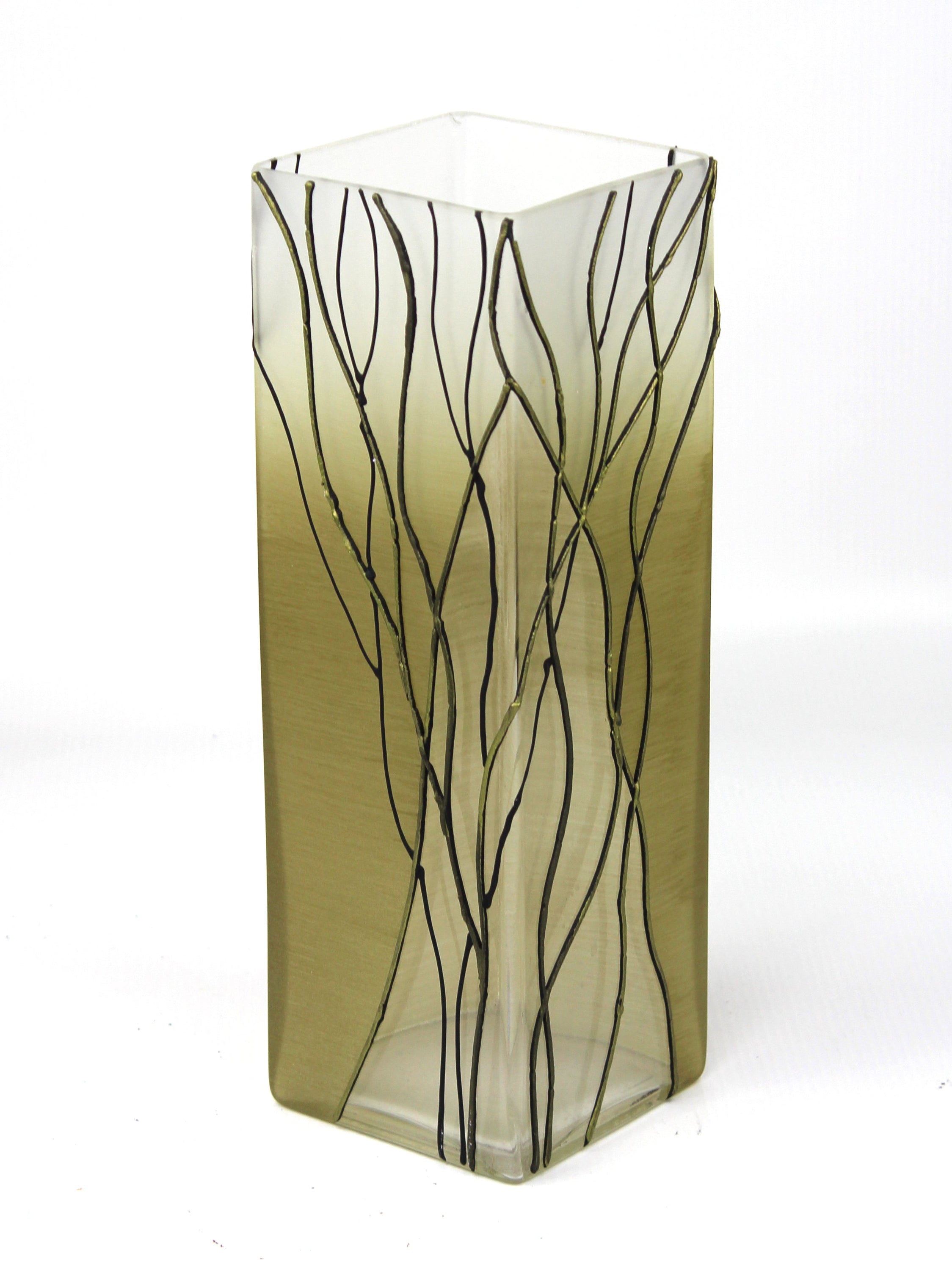 A beautifully hand-painted green decorative glass vase with unique artistic designs, showcasing its elegant shape and vibrant colors.