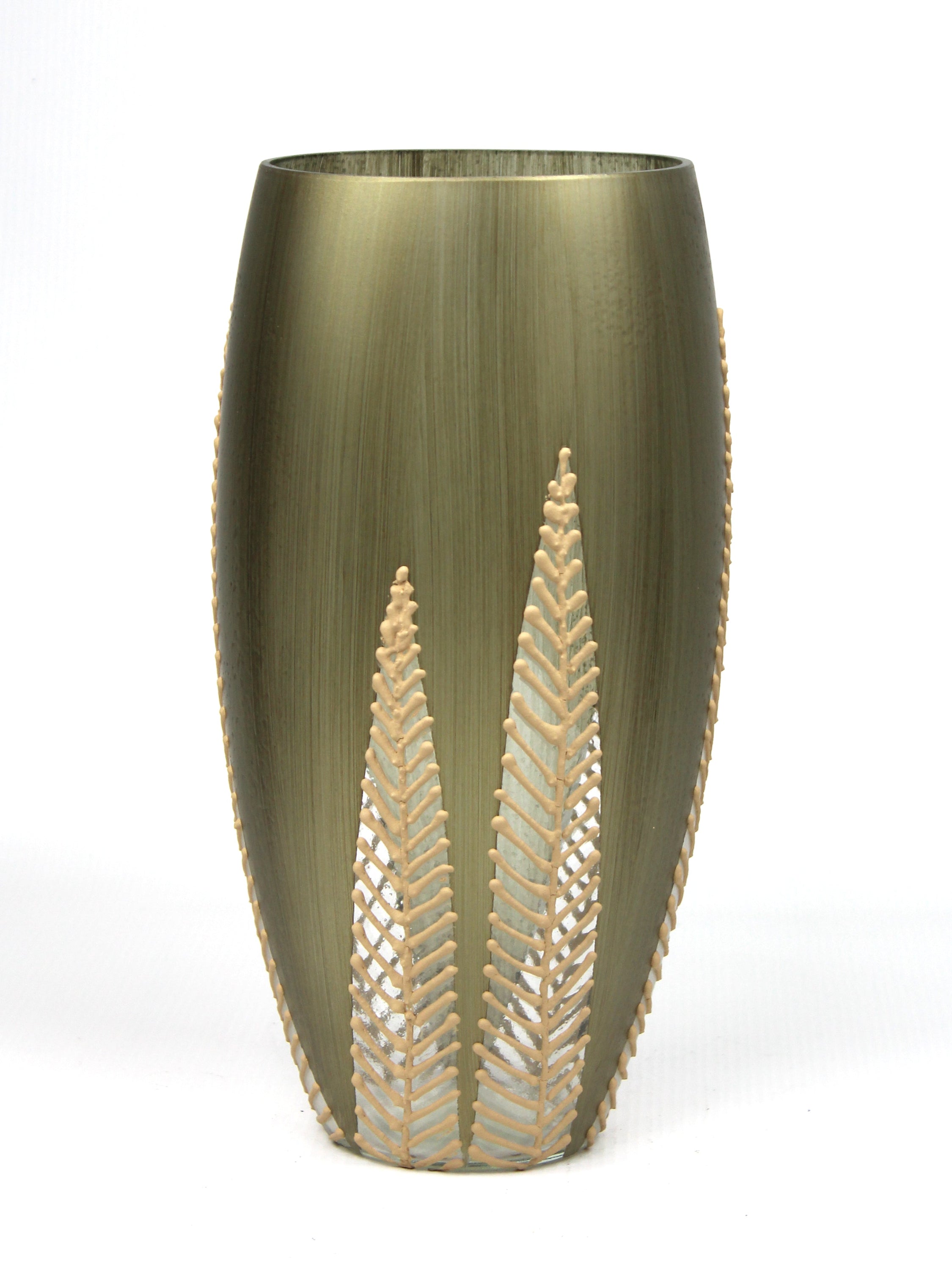 A beautifully hand-painted green decorative glass vase with unique artistic designs, showcasing its intricate details and vibrant colors.