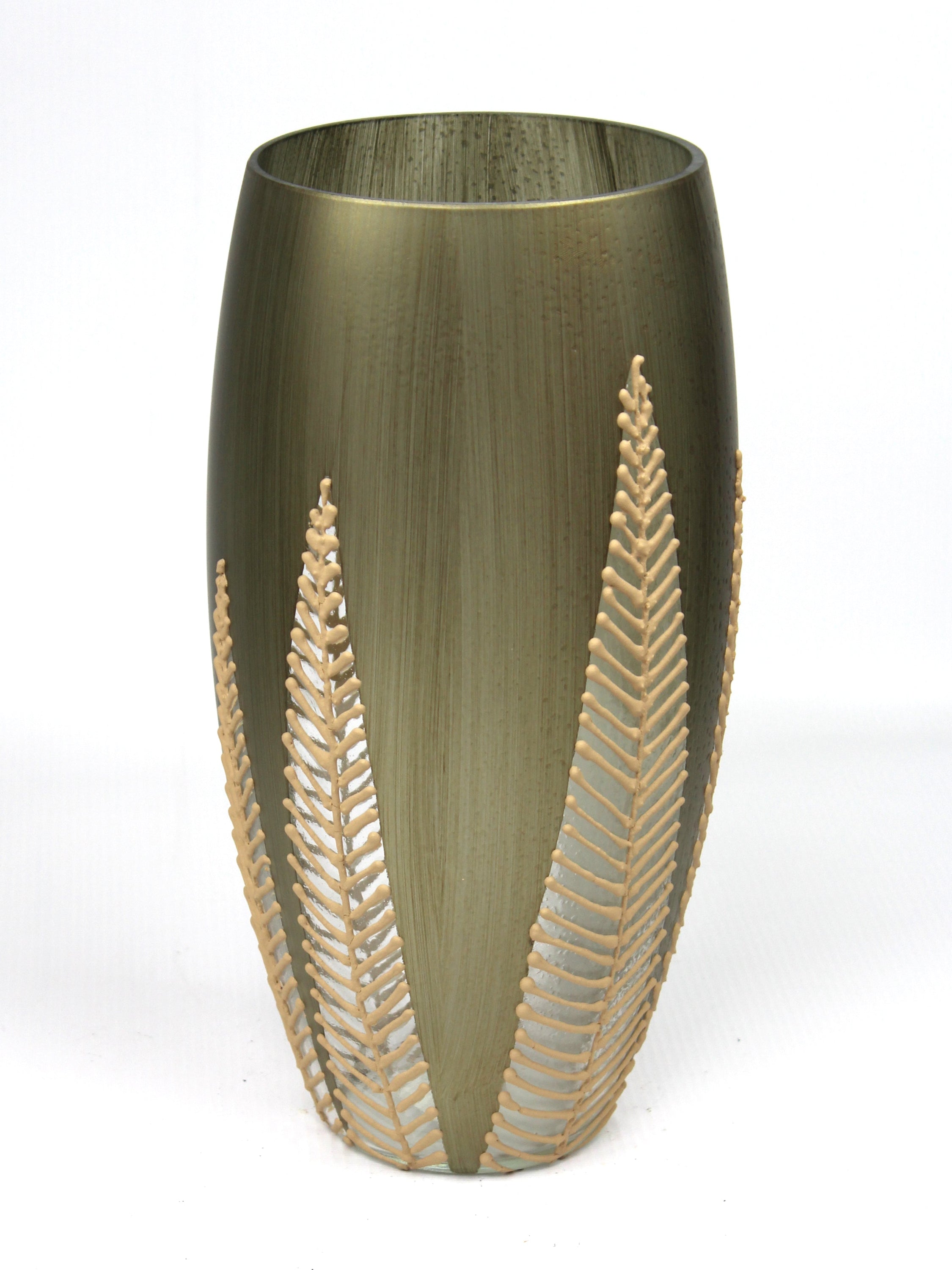 A beautifully hand-painted green decorative glass vase with unique artistic designs, showcasing its intricate details and vibrant colors.