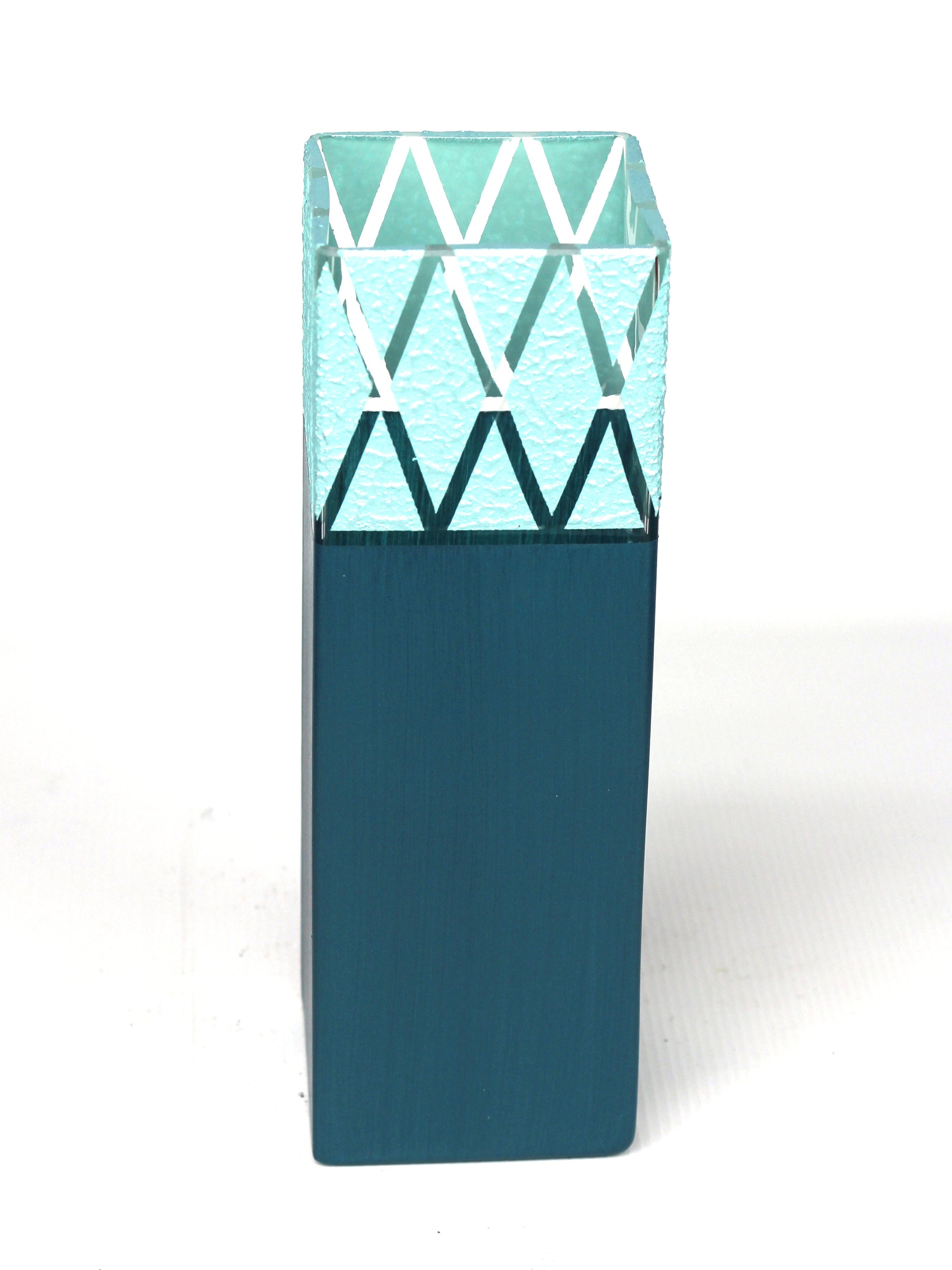A beautifully hand-painted turquoise decorative glass vase with intricate designs, showcasing its unique craftsmanship.