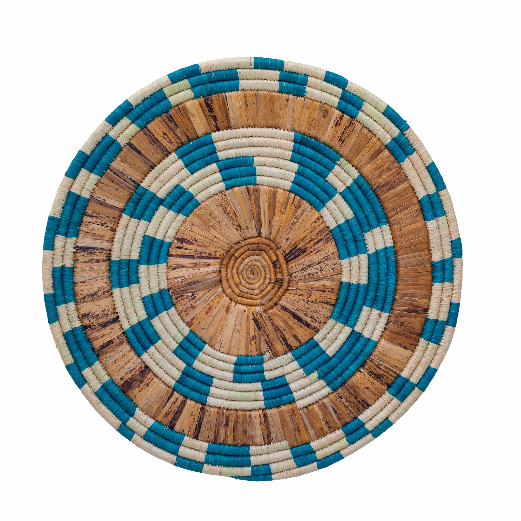 Tanga Handwoven Banana Trivet showcasing authentic African weaving design with vibrant colors and intricate patterns.