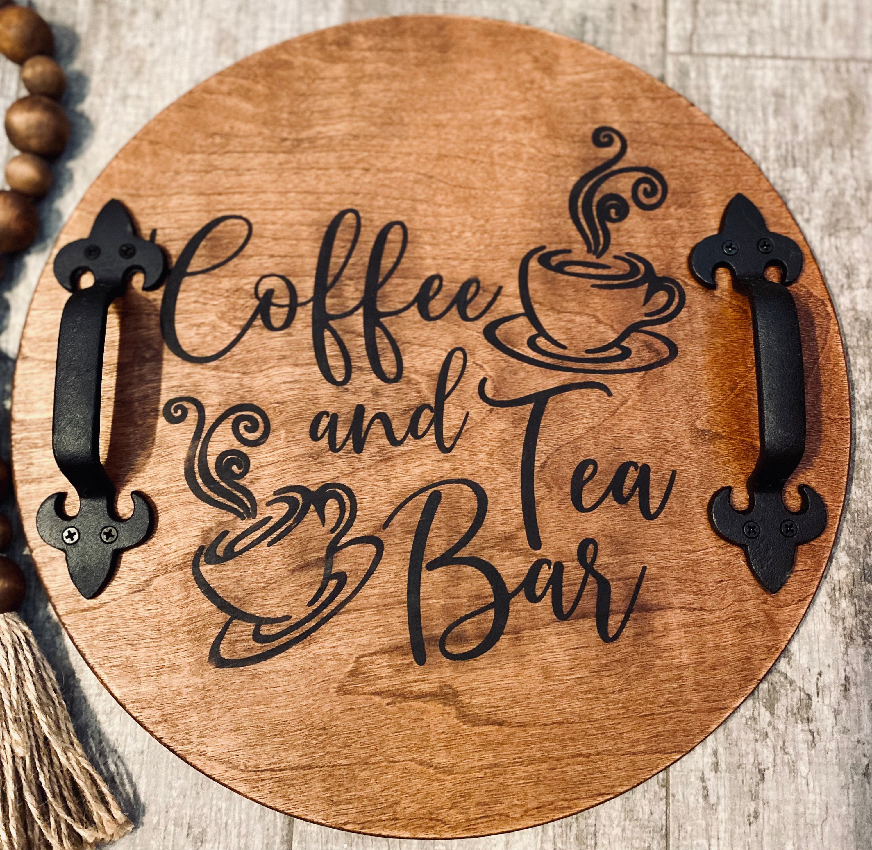 Handmade wood serving tray with walnut stain, featuring black or twine metal handles, ideal for coffee bar decor.