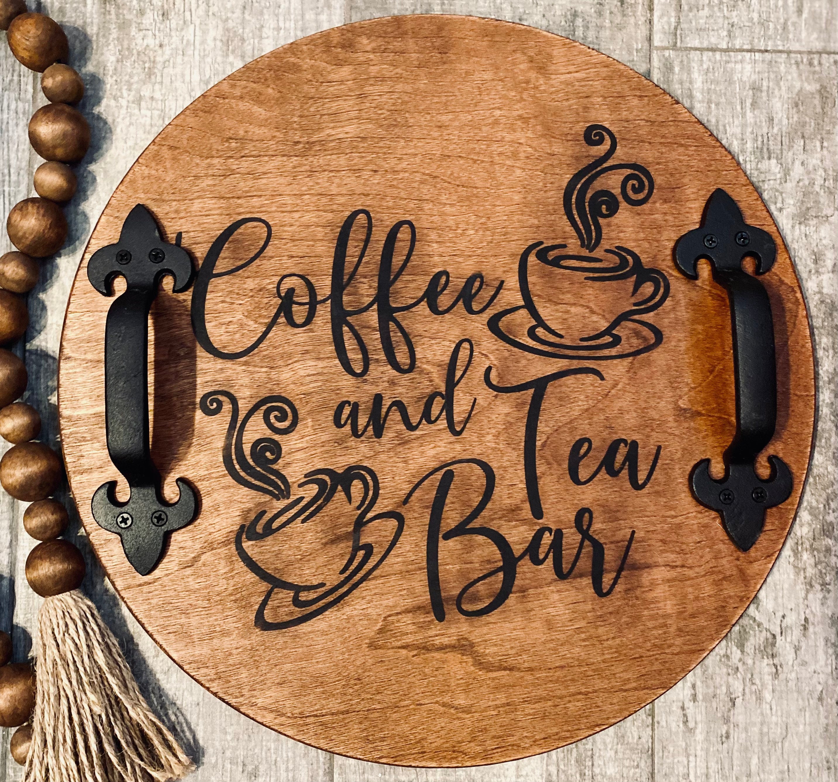 Handmade wood serving tray with walnut stain, featuring black or twine metal handles, ideal for coffee bar decor.