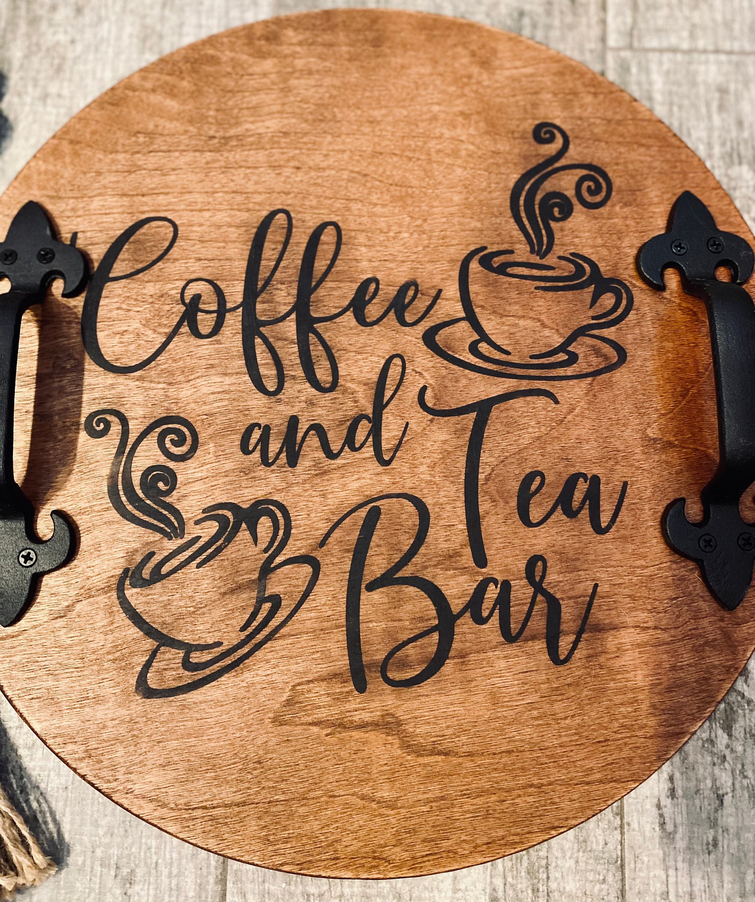 Handmade wood serving tray with walnut stain, featuring black or twine metal handles, ideal for coffee bar decor.