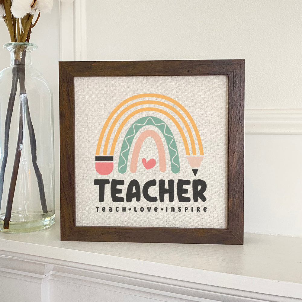 Teacher Rainbow Framed Sign with a stylized wood frame, featuring eco-friendly ink printing on a linen-look background.