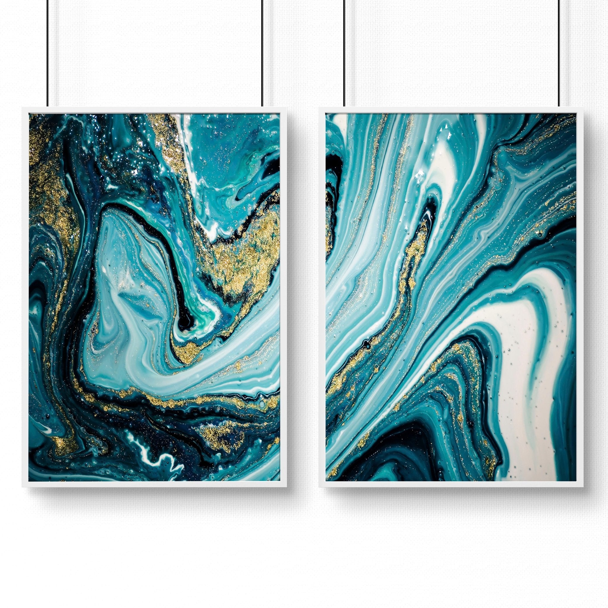 Set of 2 framed wall art prints featuring luxurious Teal and Gold marble textures, perfect for elegant home decor.