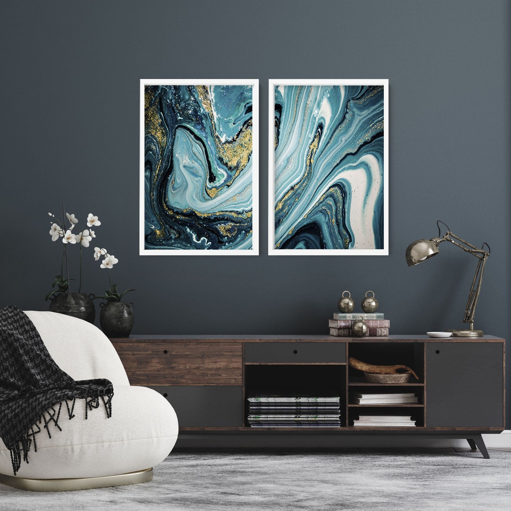Set of 2 framed wall art prints featuring luxurious Teal and Gold marble textures, perfect for elegant home decor.