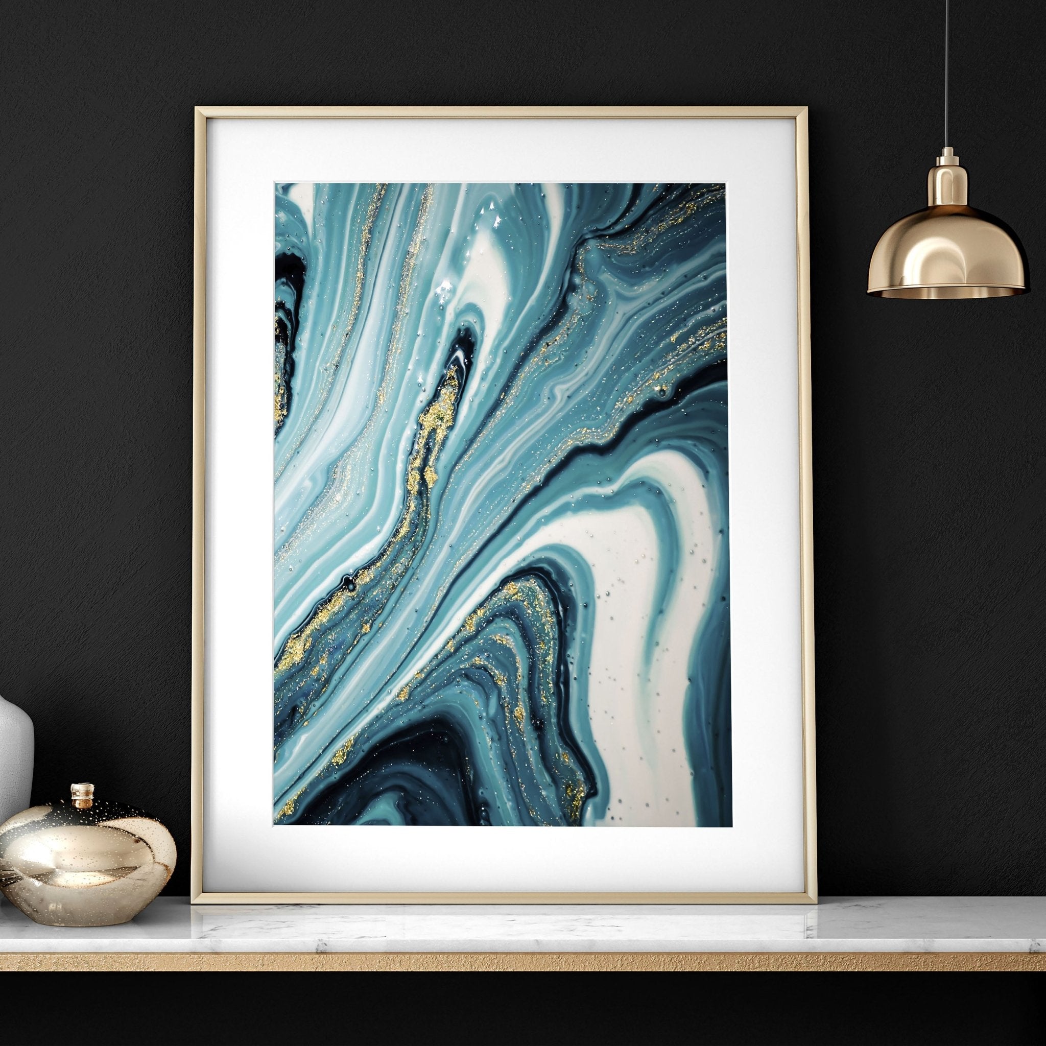 Set of 2 framed wall art prints featuring luxurious Teal and Gold marble textures, perfect for elegant home decor.