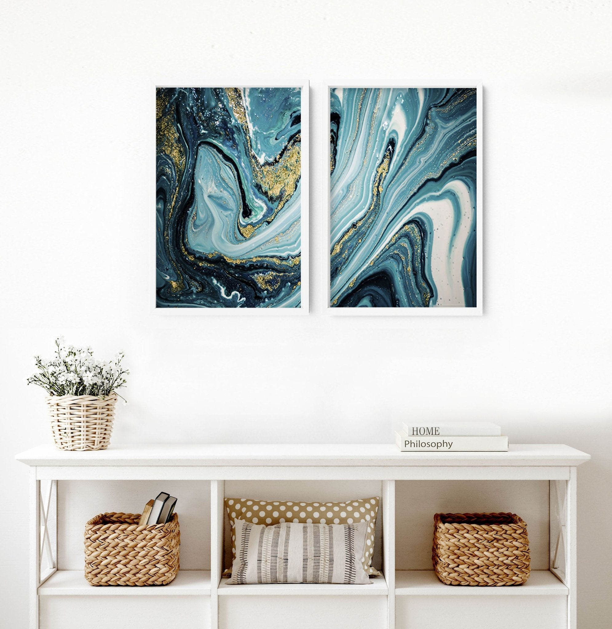 Set of 2 framed wall art prints featuring luxurious Teal and Gold marble textures, perfect for elegant home decor.