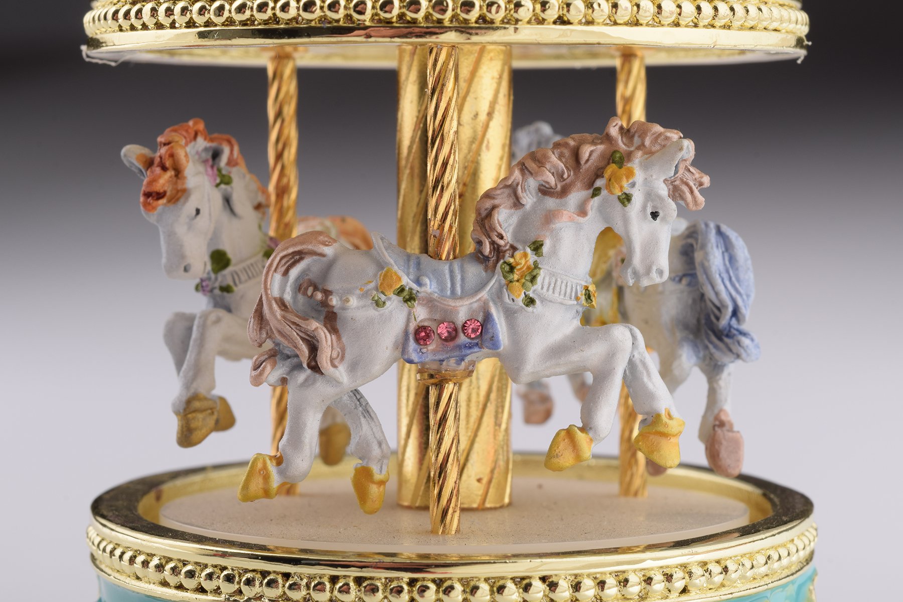 Teal Wind up Musical Carousel trinket box with Austrian crystals and gold or silver plating, beautifully handcrafted by Keren Kopal.