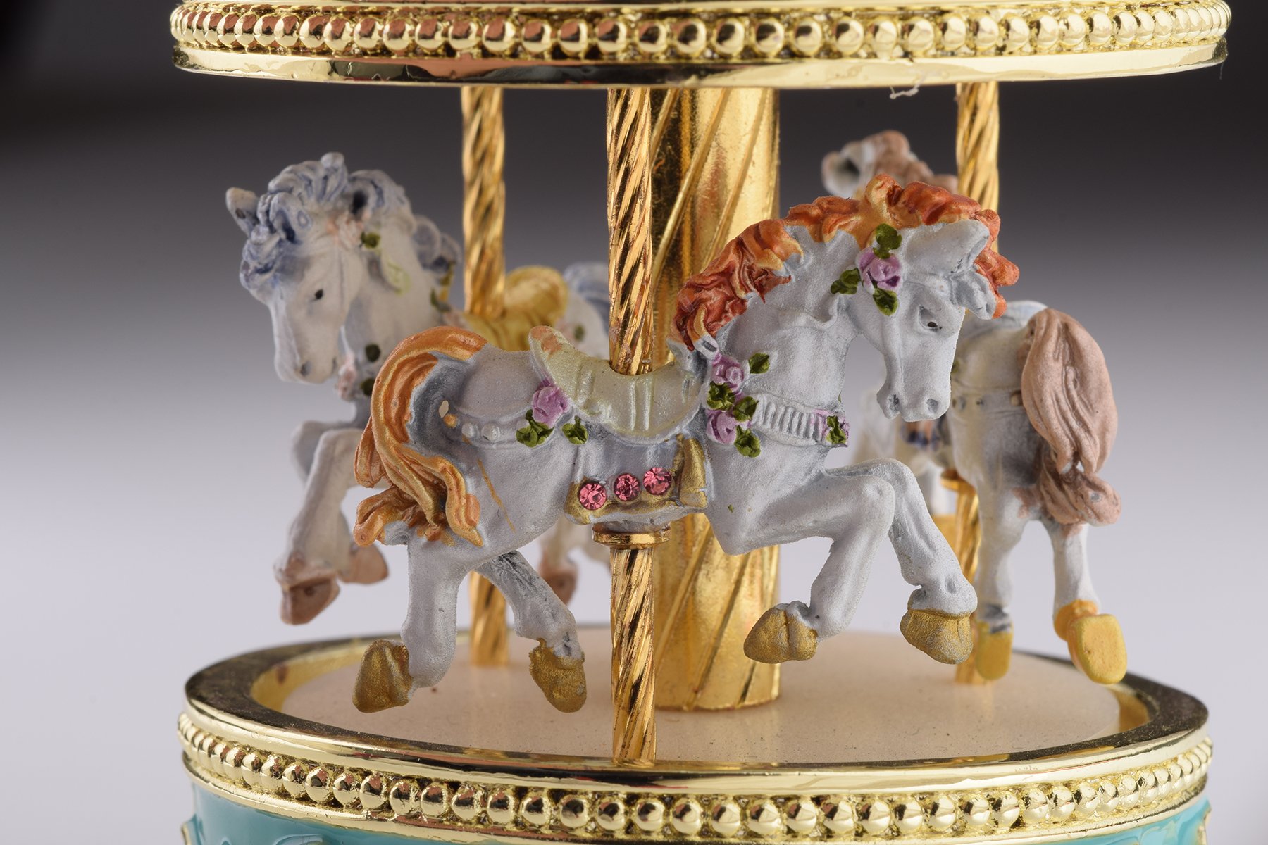 Teal Wind up Musical Carousel trinket box with Austrian crystals and gold or silver plating, beautifully handcrafted by Keren Kopal.