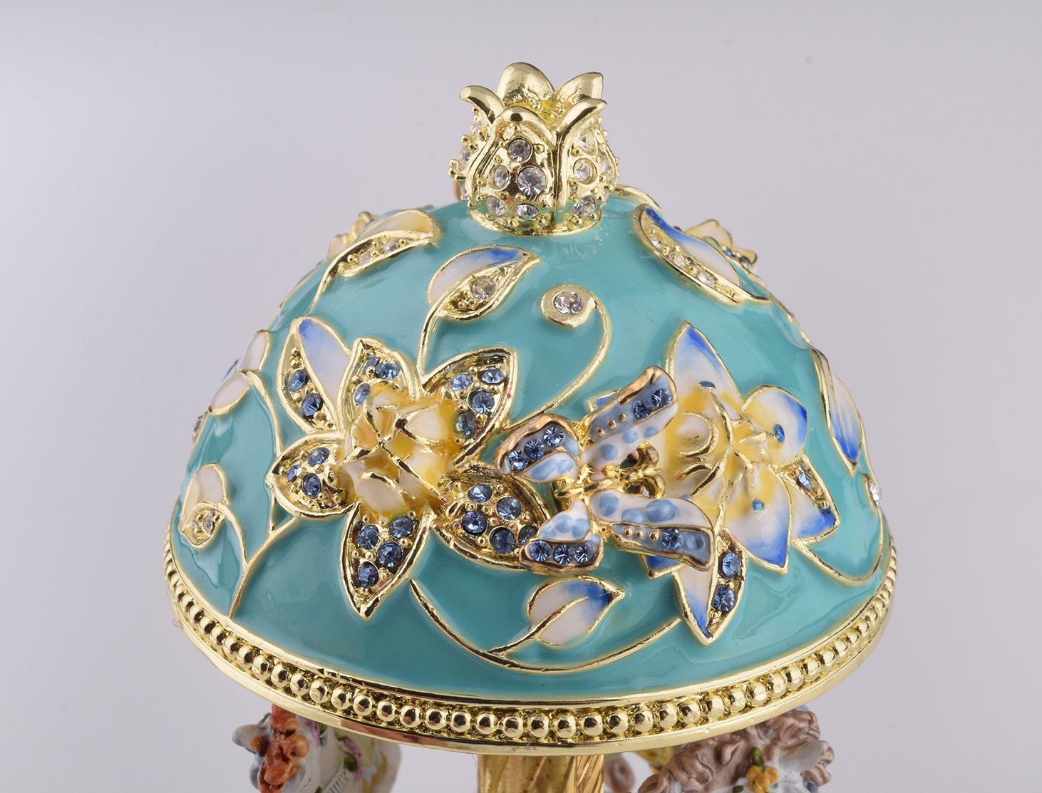 Teal Wind up Musical Carousel trinket box with Austrian crystals and gold or silver plating, beautifully handcrafted by Keren Kopal.