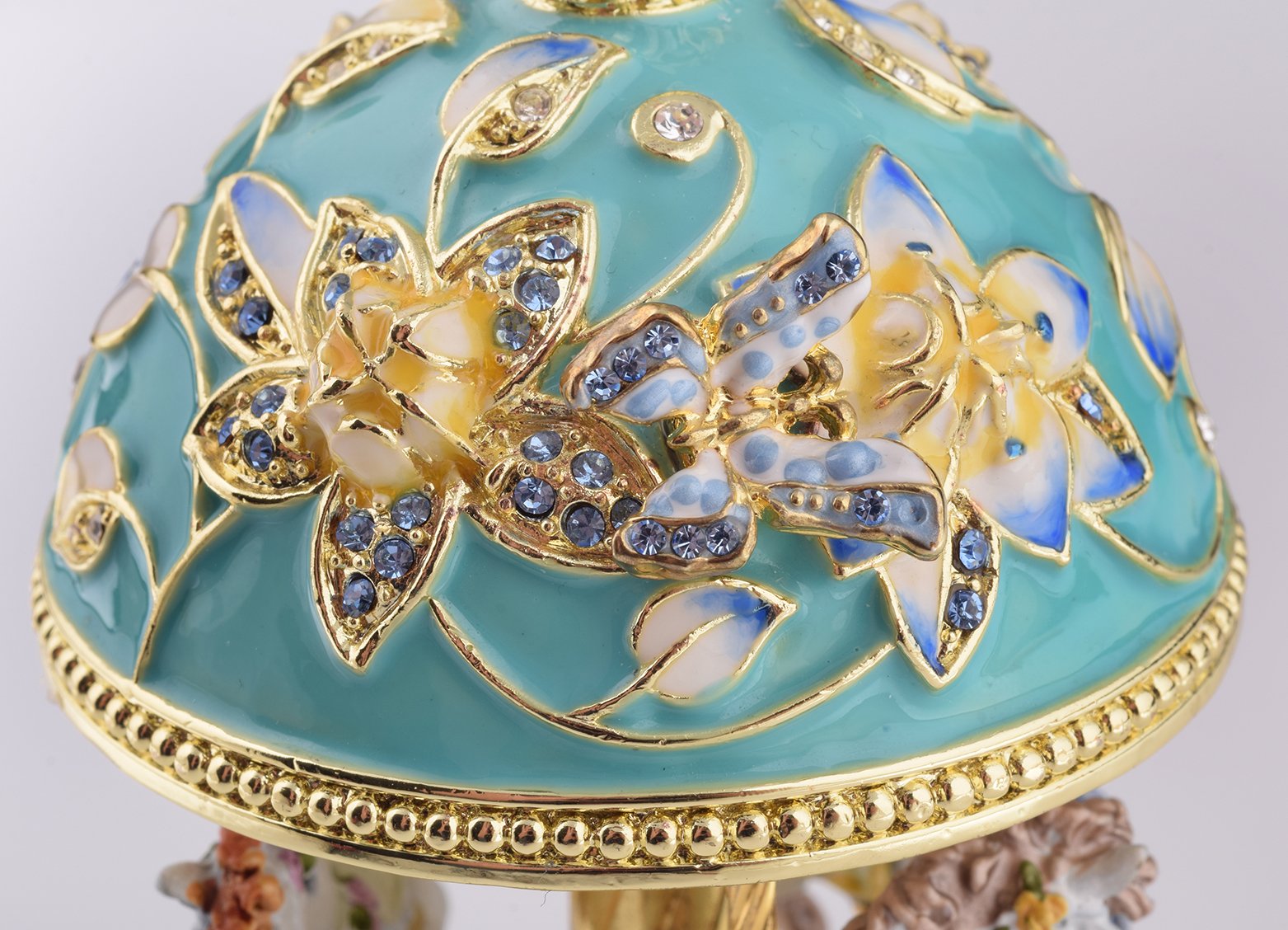 Teal Wind up Musical Carousel trinket box with Austrian crystals and gold or silver plating, beautifully handcrafted by Keren Kopal.