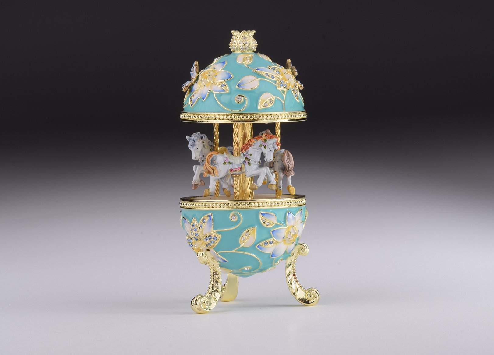 Teal Wind up Musical Carousel trinket box with Austrian crystals and gold or silver plating, beautifully handcrafted by Keren Kopal.