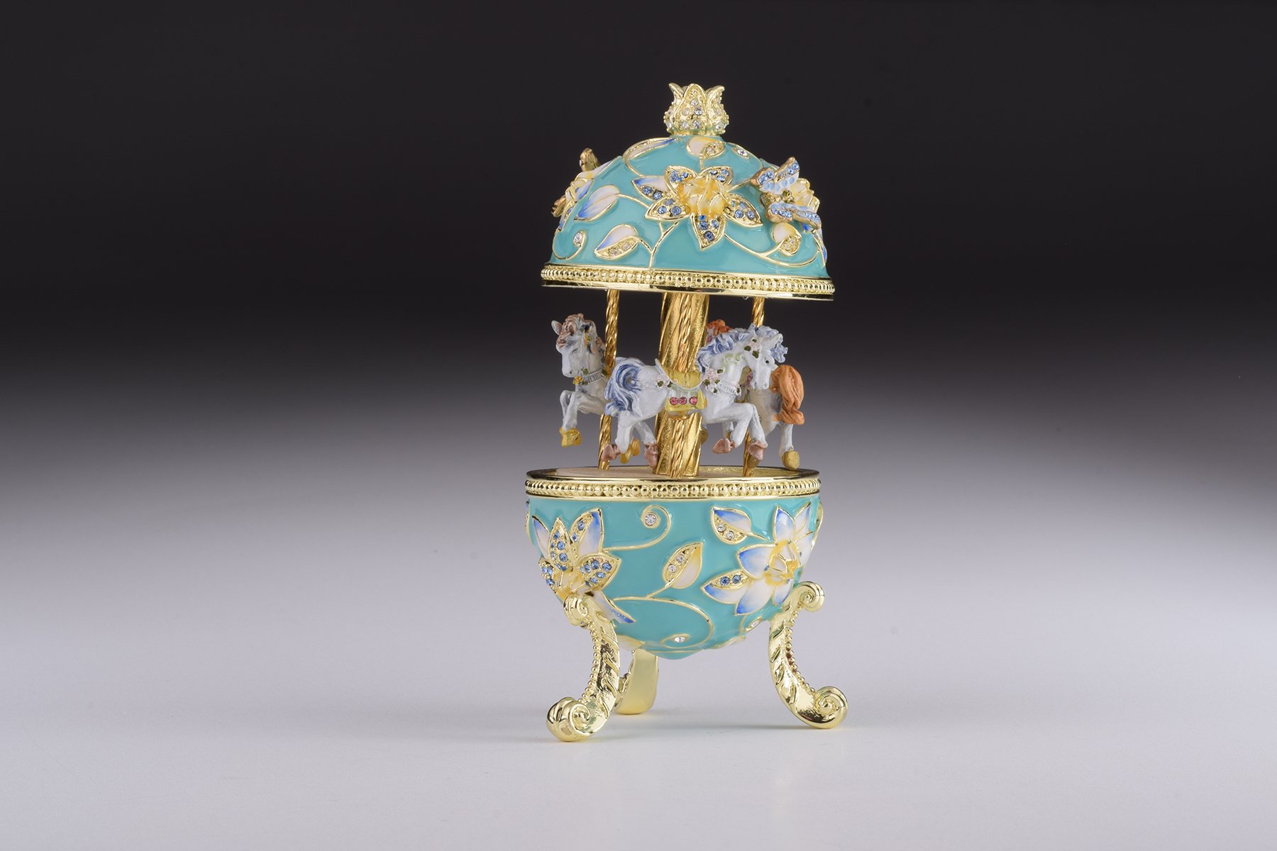 Teal Wind up Musical Carousel trinket box with Austrian crystals and gold or silver plating, beautifully handcrafted by Keren Kopal.