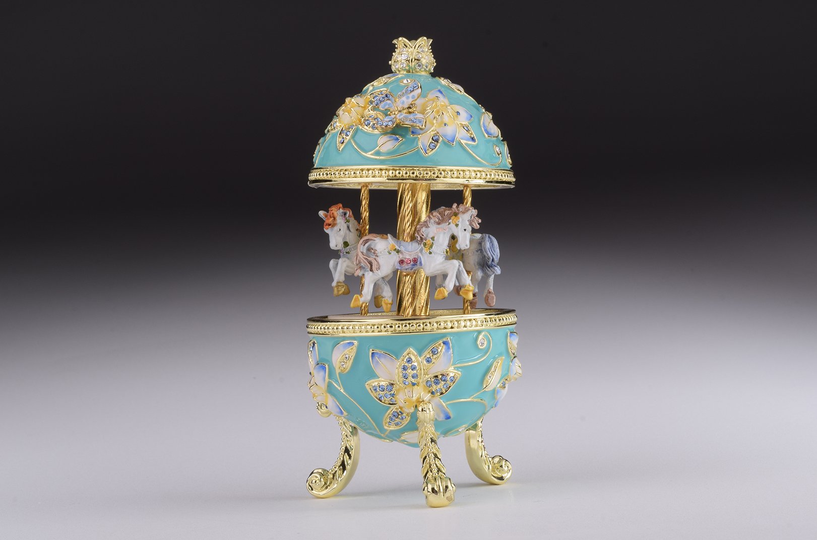 Teal Wind up Musical Carousel trinket box with Austrian crystals and gold or silver plating, beautifully handcrafted by Keren Kopal.