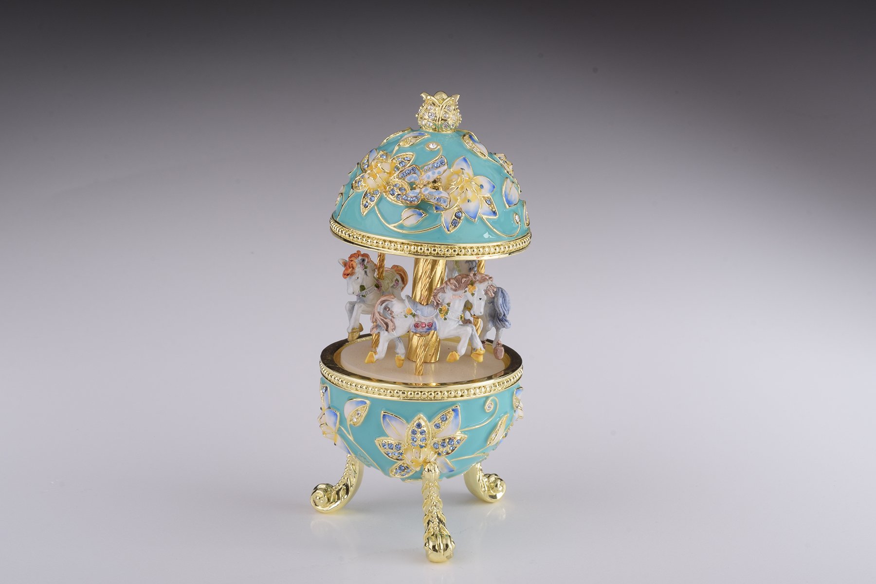 Teal Wind up Musical Carousel trinket box with Austrian crystals and gold or silver plating, beautifully handcrafted by Keren Kopal.