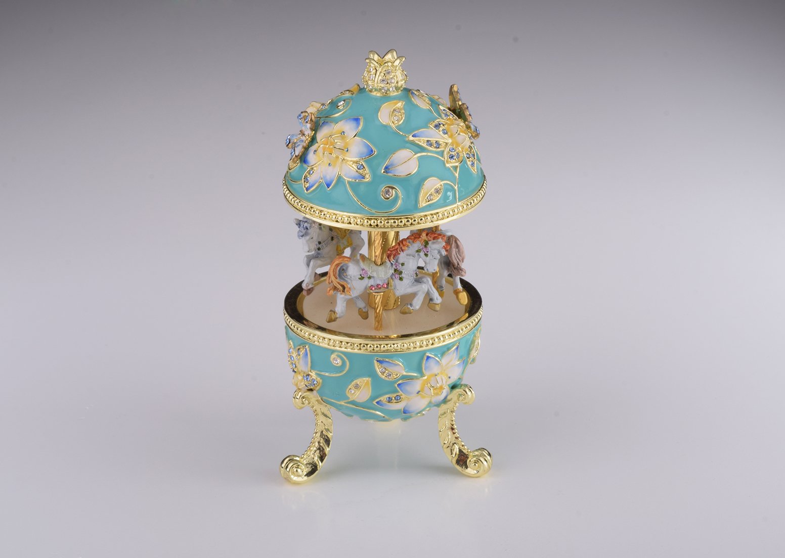 Teal Wind up Musical Carousel trinket box with Austrian crystals and gold or silver plating, beautifully handcrafted by Keren Kopal.