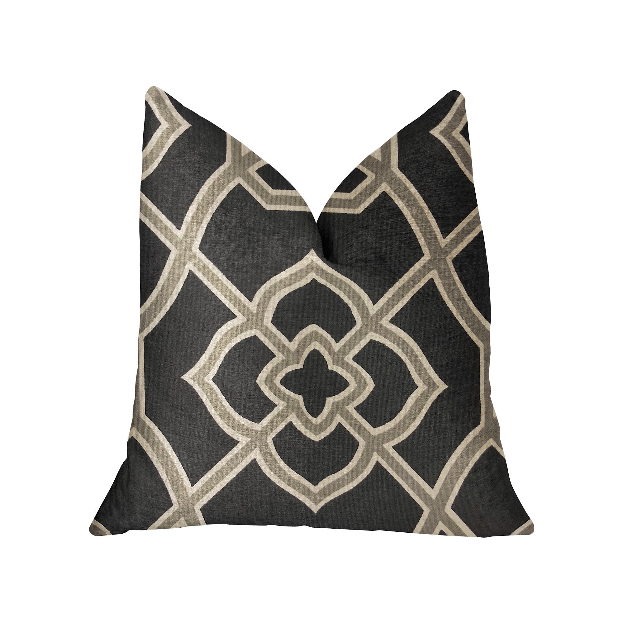 Terra Bell Black and Beige Luxury Throw Pillow featuring a geometric pattern, handmade in the USA with a soft cotton fabric.