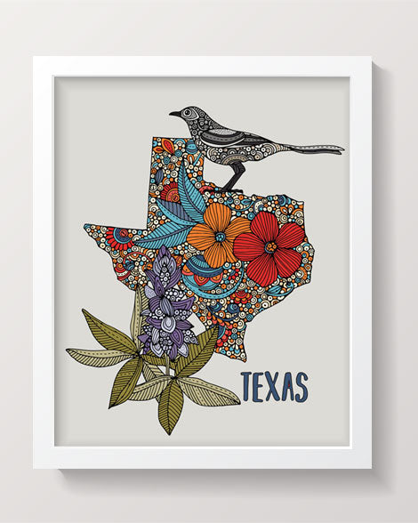 A beautifully detailed Texas State Map art print featuring the Northern Mockingbird and Bluebonnet, designed in pen and ink with digital coloring.