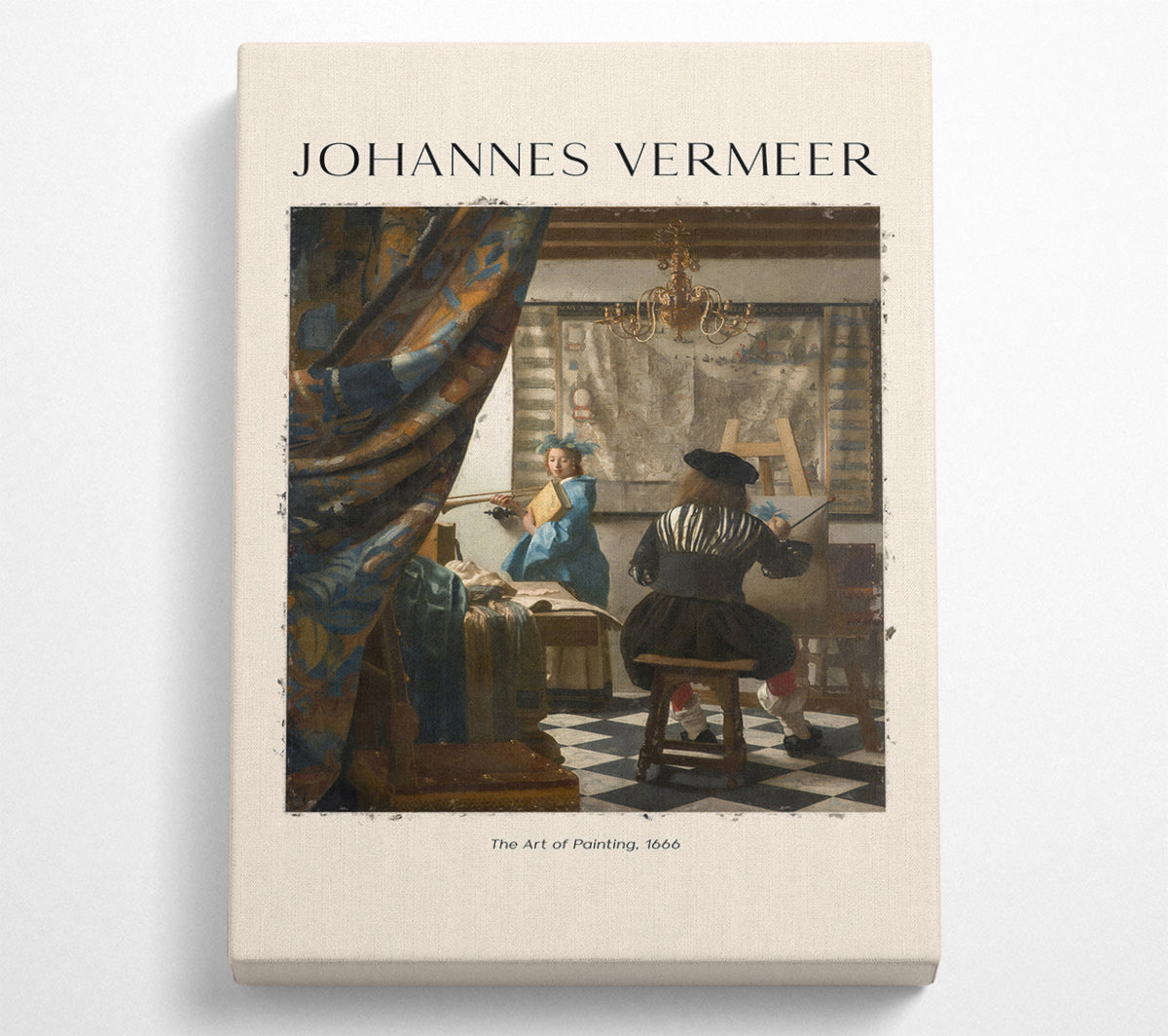 Canvas print of 'The Art Of Painting' by Johannes Vermeer, featuring an artist and model in a studio setting.