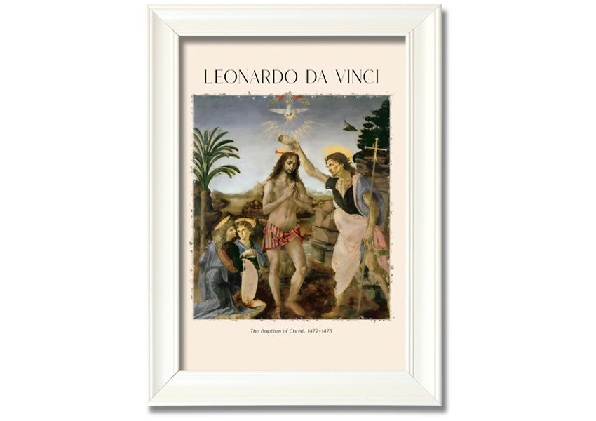 Canvas print of 'The Baptism Of Christ' by Leonardo Da Vinci, mounted on a box frame, showcasing vibrant colors and intricate details.