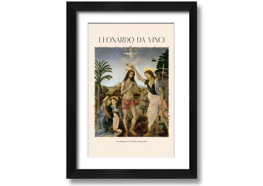 Canvas print of 'The Baptism Of Christ' by Leonardo Da Vinci, mounted on a box frame, showcasing vibrant colors and intricate details.