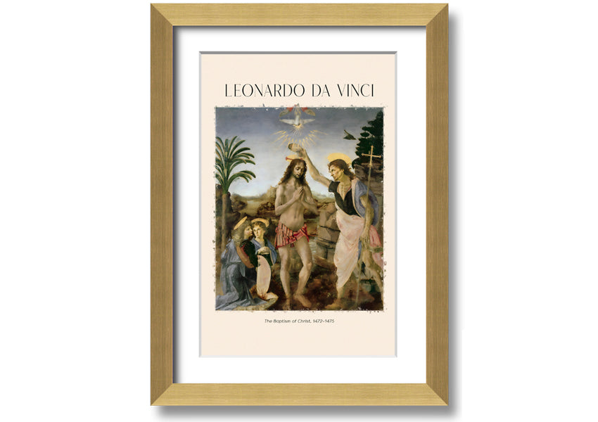Canvas print of 'The Baptism Of Christ' by Leonardo Da Vinci, mounted on a box frame, showcasing vibrant colors and intricate details.