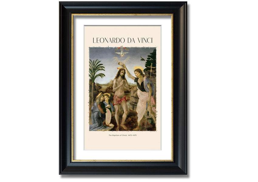 Canvas print of 'The Baptism Of Christ' by Leonardo Da Vinci, mounted on a box frame, showcasing vibrant colors and intricate details.
