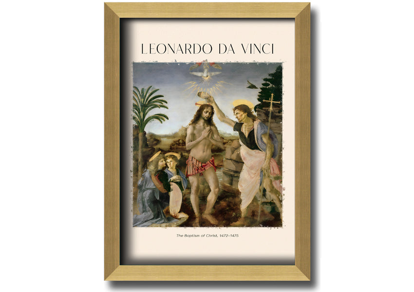 Canvas print of 'The Baptism Of Christ' by Leonardo Da Vinci, mounted on a box frame, showcasing vibrant colors and intricate details.