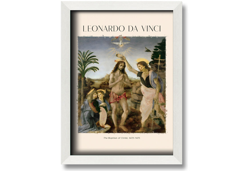 Canvas print of 'The Baptism Of Christ' by Leonardo Da Vinci, mounted on a box frame, showcasing vibrant colors and intricate details.