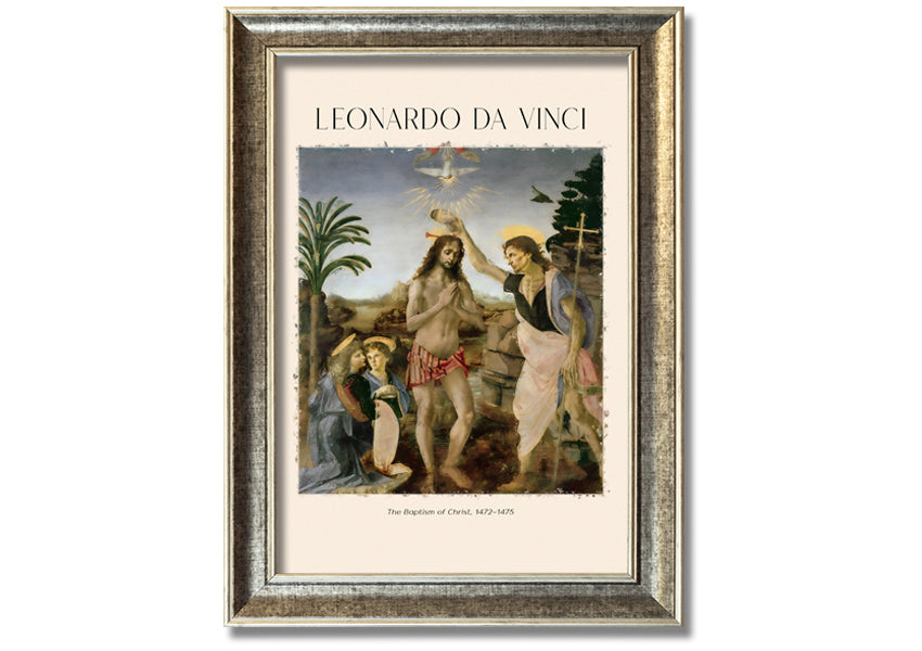Canvas print of 'The Baptism Of Christ' by Leonardo Da Vinci, mounted on a box frame, showcasing vibrant colors and intricate details.