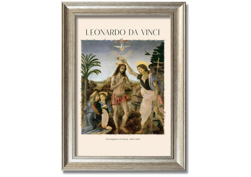 Canvas print of 'The Baptism Of Christ' by Leonardo Da Vinci, mounted on a box frame, showcasing vibrant colors and intricate details.