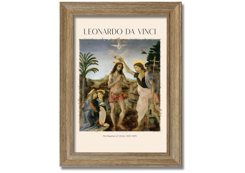 Canvas print of 'The Baptism Of Christ' by Leonardo Da Vinci, mounted on a box frame, showcasing vibrant colors and intricate details.