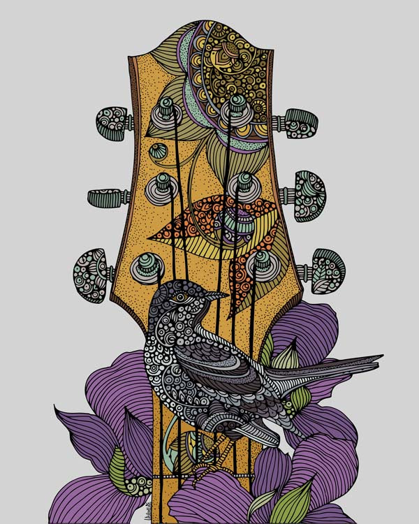 A vibrant print of 'The Bird and the Guitar', showcasing colorful artwork featuring a bird and a guitar, ready for framing.