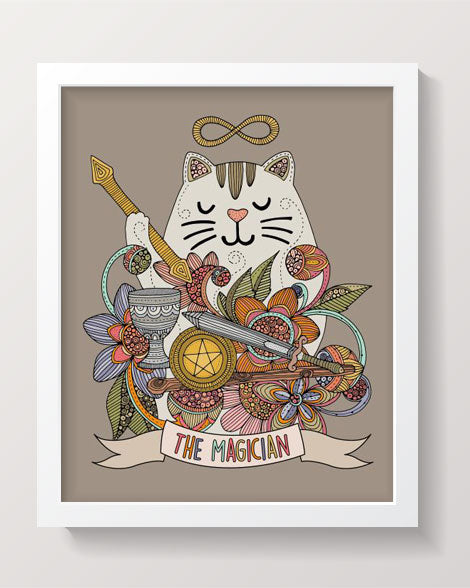 A whimsical print of a cute cat representing The Magician tarot card, featuring vibrant colors on heavy matte cardstock.